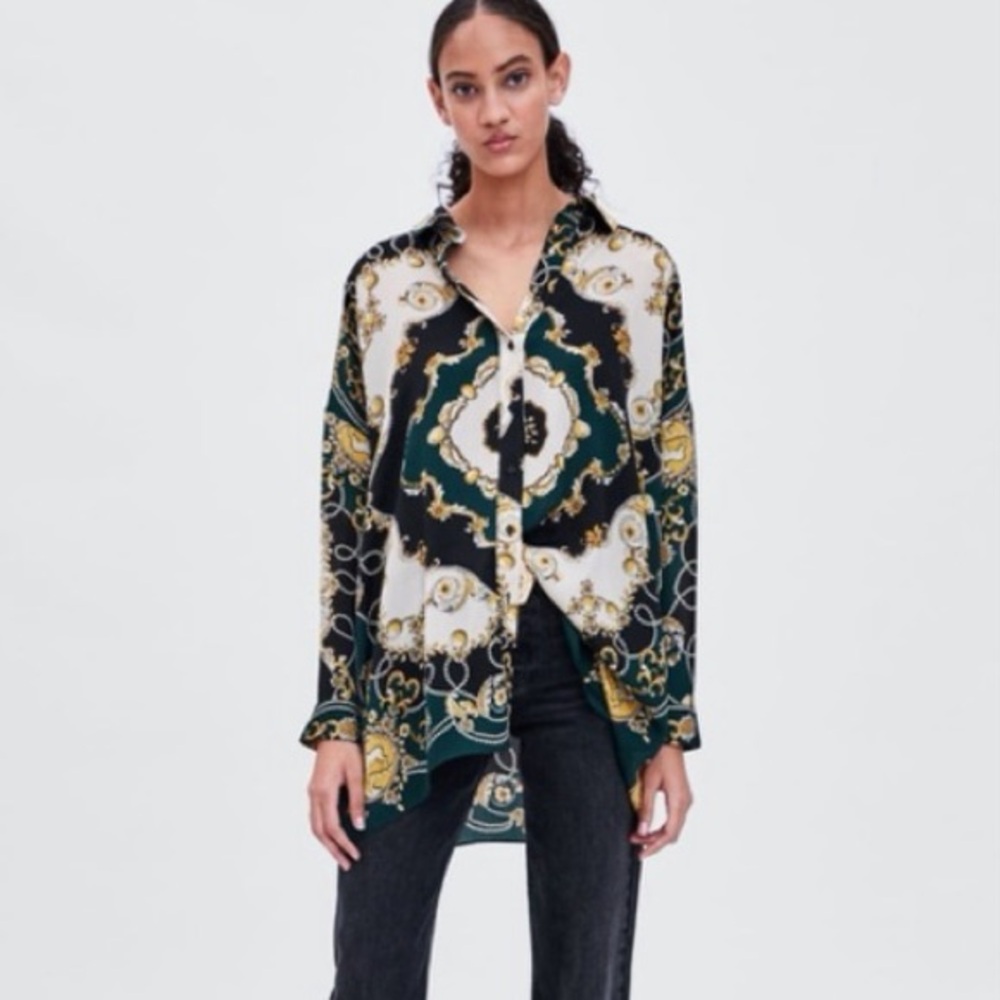 Zara trf scarf chain print Baroque Button Down Shirt dark green Blouse silky